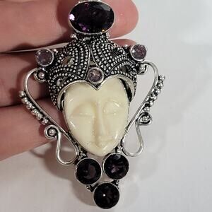 Goddess Pendant Carved Cream Stone Face Sterling Silver